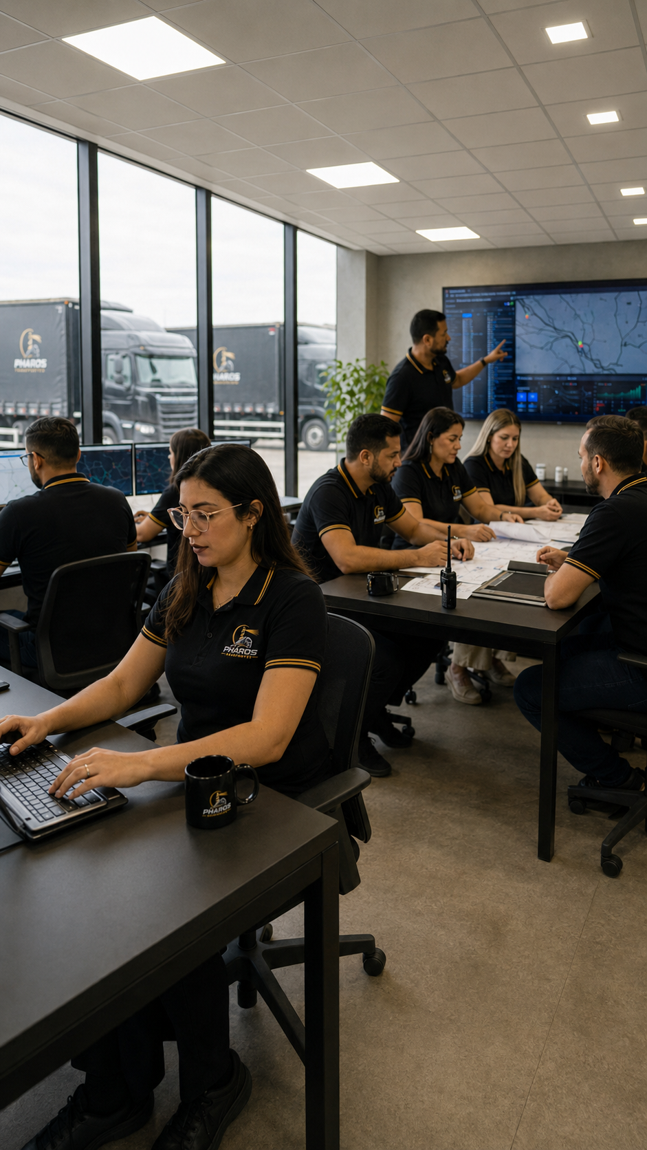 Equipe da Pharos Transportes na central de operações, acompanhando rotas em telas de monitoramento com caminhões no pátio ao fundo